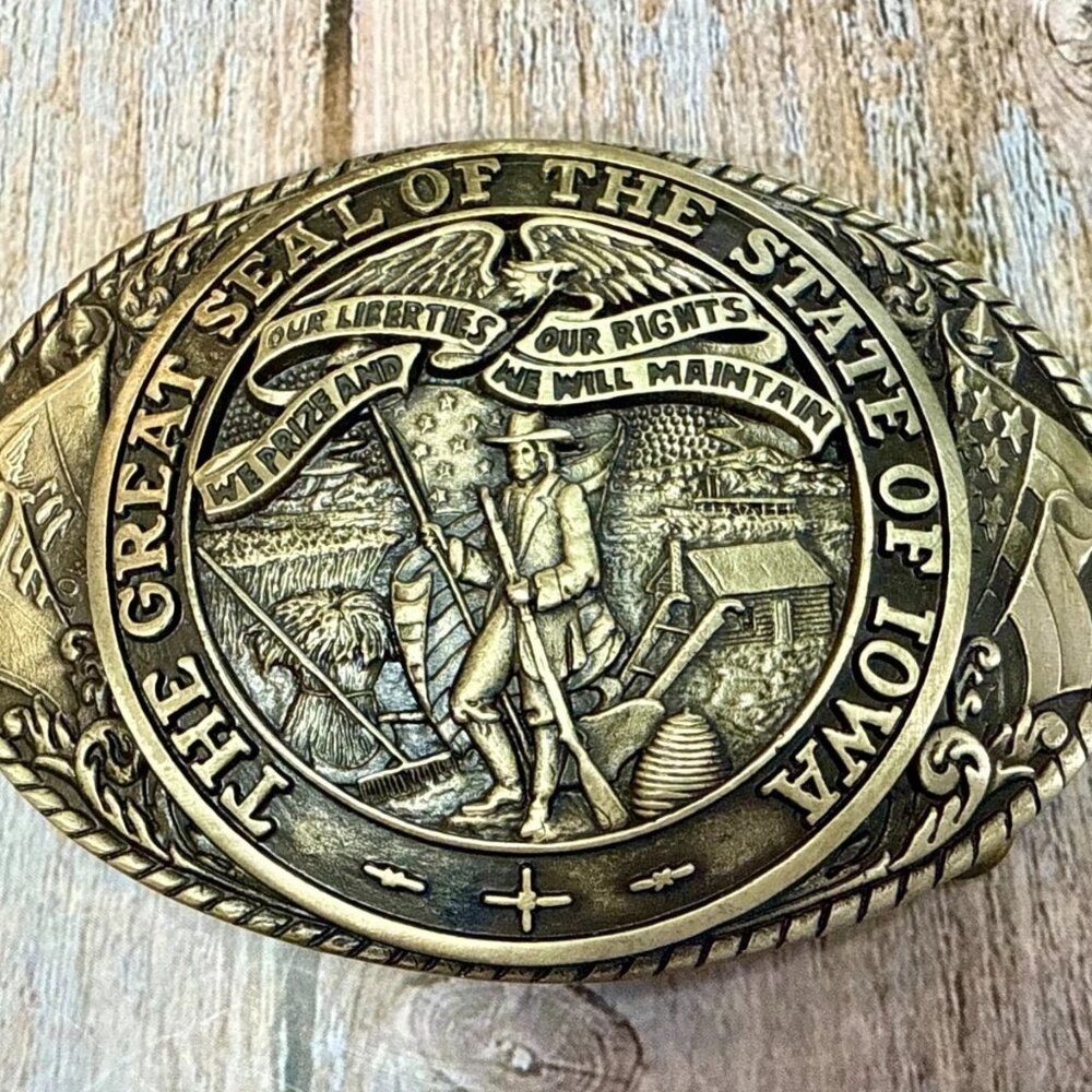 Iowa Great State Seal Series Solid Brass Vintage Tony Lama Belt Buckle